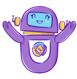 Smiling cartoon robot with a purple body, blue face, and yellow antennae, raising its arms with a logo on its chest.