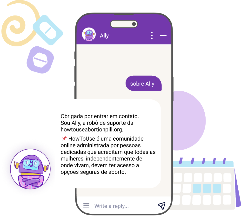 Ally, a robô da howtouseabortionpill.org, oferece recursos globais para opções de aborto seguro.