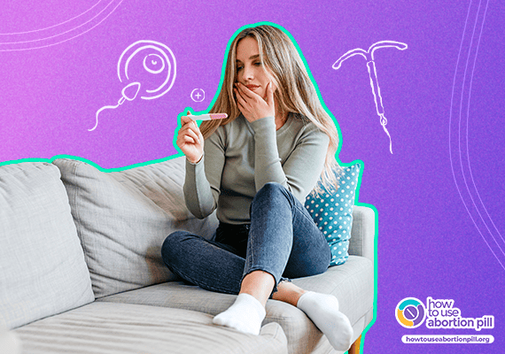 A concerned woman sitting on a couch holding a pregnancy test, with illustrations of sperm, egg, and an IUD in the background