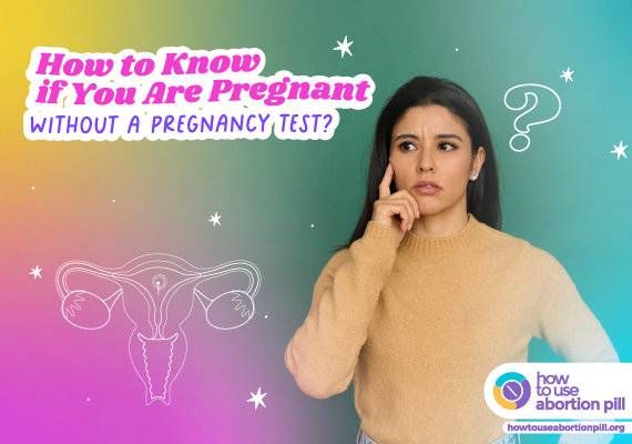Woman looking confused with uterus icon and question marks; text about pregnancy test.