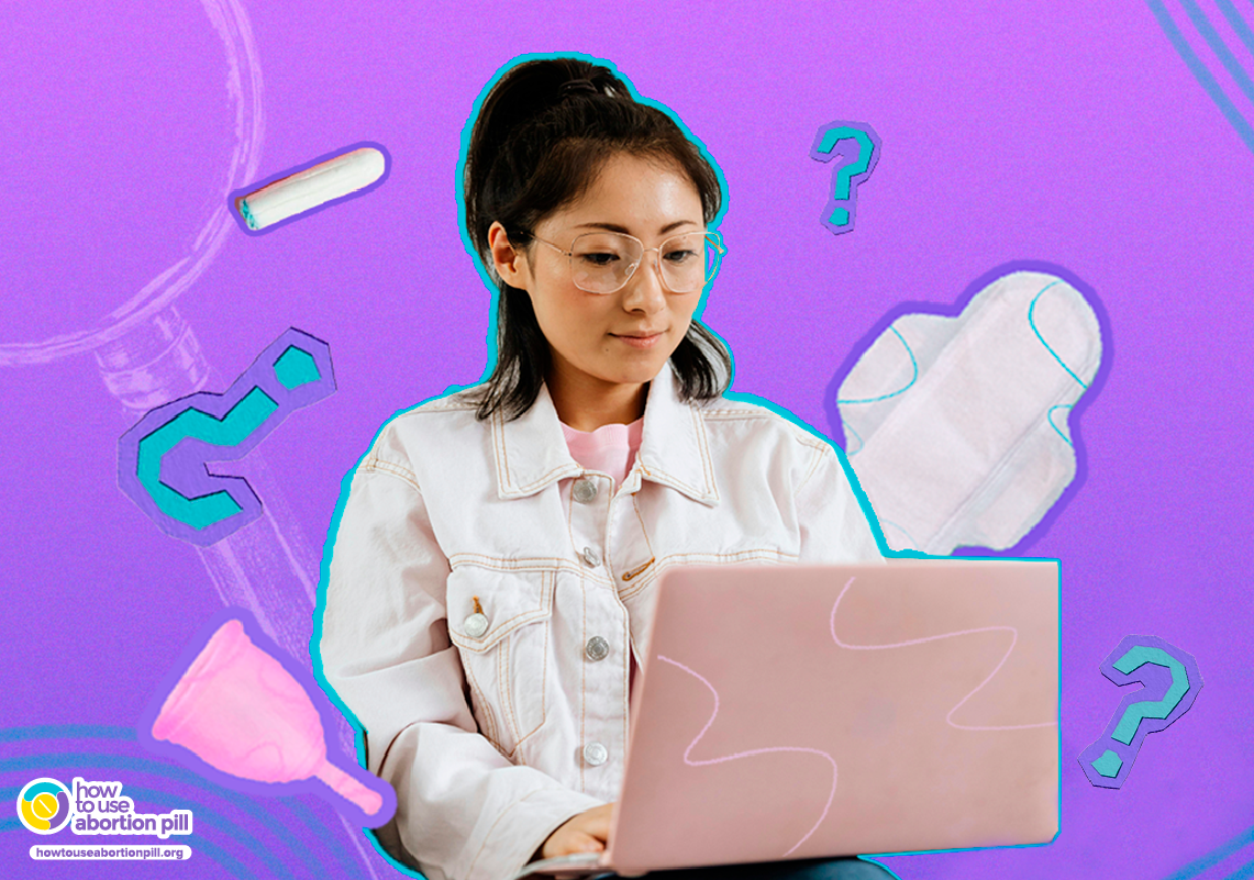 Young woman using a laptop with concerned expression, surrounded by illustrations of a menstrual cup, pad, question marks, and a pregnancy test.