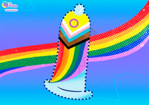 un préservatif externe dessiné aux couleurs de l'arc-en-ciel inclusif