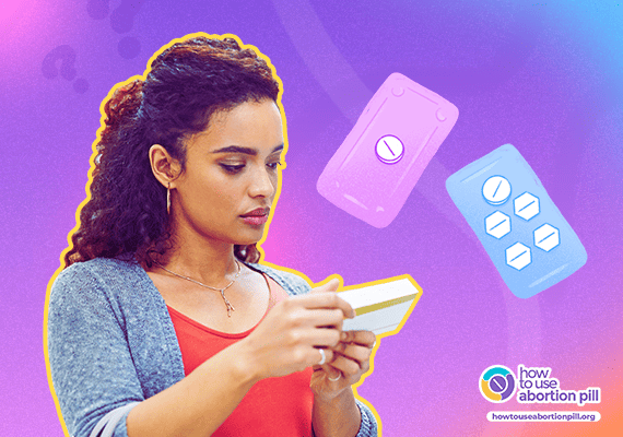 Thoughtful woman holding a box, comparing emergency contraception and abortion pills, with illustrated pill packs and question marks in the background