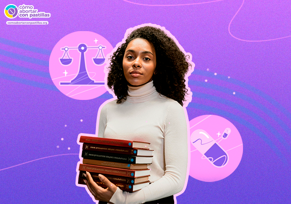 Uma jovem confiante segurando livros de direito e medicina em um fundo roxo com símbolos da justiça e de pílulas abortivas, representando o aborto autogerido e o direito à saúde.