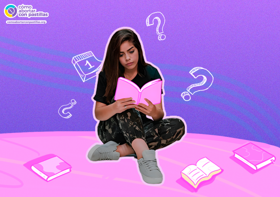 Mujer joven leyendo un libro, rodeada de signos de interrogación, simbolizando la confusión sobre las leyes y tiempos del aborto. Logo de comoabortarconpastillasl.org.