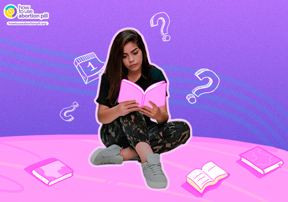 Young woman reading a book, surrounded by question marks, symbolizing confusion about abortion laws and timelines. HowToUseAbortionPill.org logo.