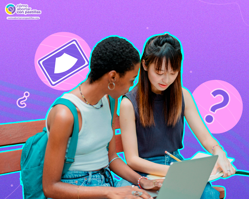 Dos jóvenes sentadas en un banco, mirando una computadora portátil y un cuaderno, hablando sobre salud reproductiva, con íconos coloridos