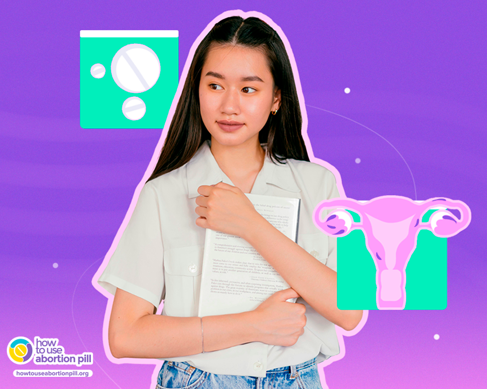 Woman in a white shirt with illustrations of the abortion pill and the uterine tubes with the howtouse logo