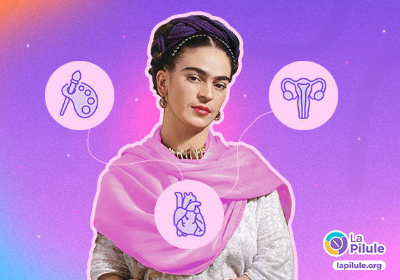 Frida Kahlo illustrée sur un fond violet avec des icônes symbolisant l’art, l’utérus et le cœur, promouvant les droits reproductifs.
