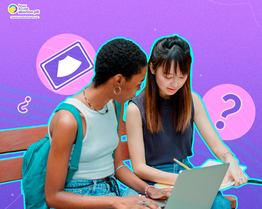 Two young women sitting on a bench, looking at a laptop and notebook, discussing reproductive health, with colorful icons