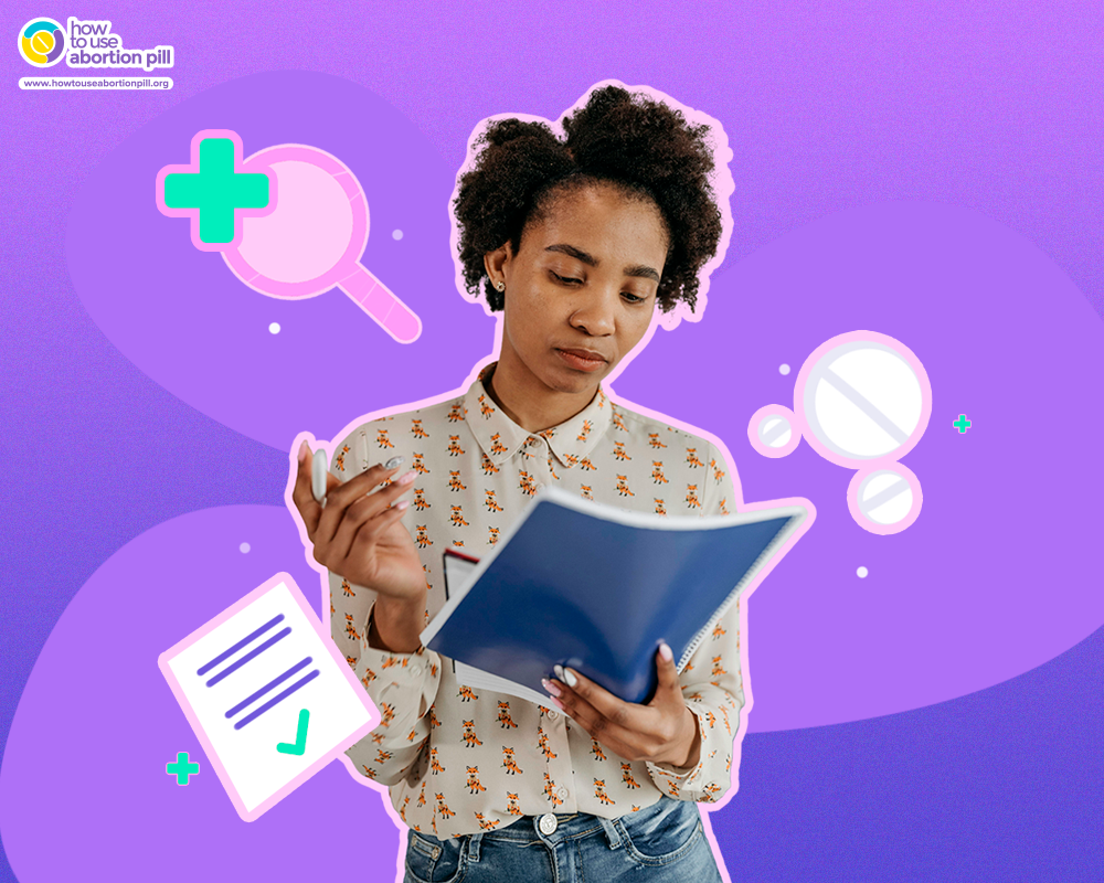 Woman reading a medical document about misoprostol access, with icons representing pills, prescriptions, and health checks on a purple background