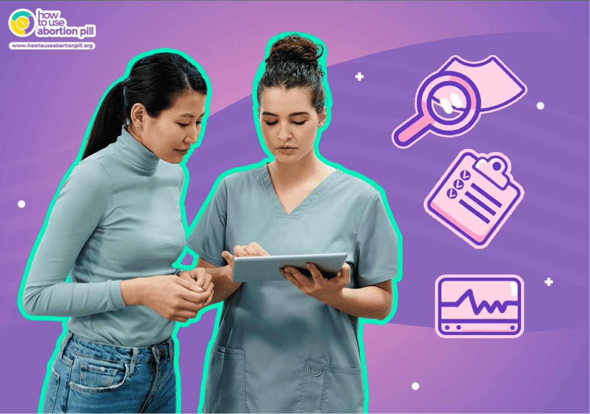 Healthcare provider showing patient how to confirm if an abortion was successful using medical methods
