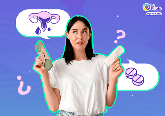Femme lisant un guide sur l’avortement médicamenteux ; bulles avec un utérus présentant des gouttes de sang et deux comprimés, questions fréquentes sur le saignement et le misoprostol.