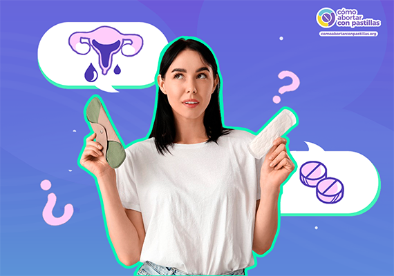 Mujer leyendo una guía sobre aborto con pastillas; globos con un útero con gotas de sangre y dos tabletas, dudas frecuentes sobre sangrado y misoprostol.