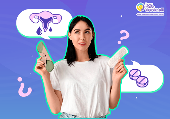 Mulher lendo um guia sobre aborto com pílulas; balões com um útero com gotas de sangue e dois comprimidos, dúvidas frequentes sobre sangramento e misoprostol.